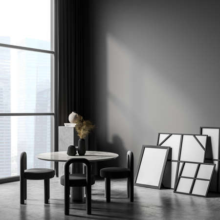 Round table in living space, using grey colour, empty wall, four small chairs, pedestal stand in...