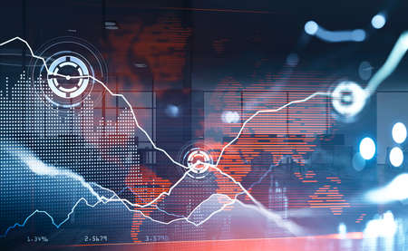 Digital interface with circle holograms connected with lines that illustrate web network. Virtual...