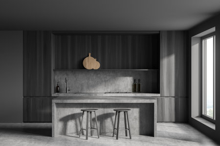 Close view on dark kitchen room interior with two barstools, cupboard, bar counter, concrete floor and panoramic window with countryside view. Contemporary minimalist design. 3d renderingの写真素材