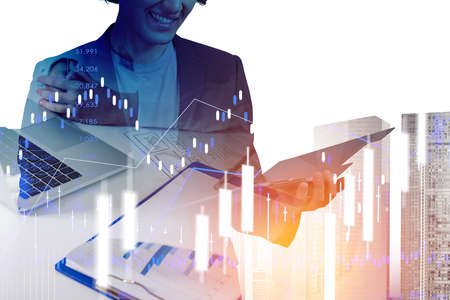 Office man with clipboard smiling, office table with laptop and clipboard, business analysis with...