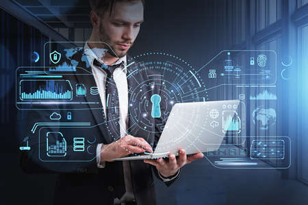Businessman wearing formal suit is typing message on laptop. Digital interface with virtual globe,...