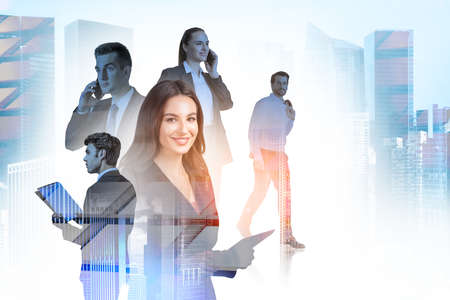 Silhouettes of positive business people working and looking for solutions in abstract office space with New York skyline background. Double exposureの写真素材