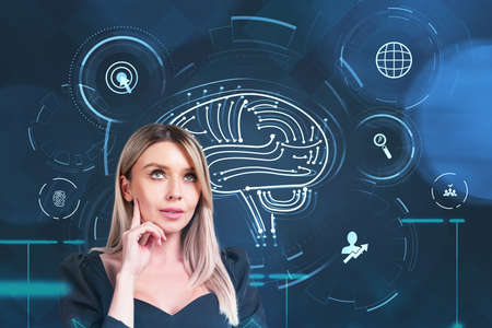 Office blonde woman, pensive look on background of human brain digital icons, earth globe and business goal with growth. Concept of start up and brainstormingの写真素材