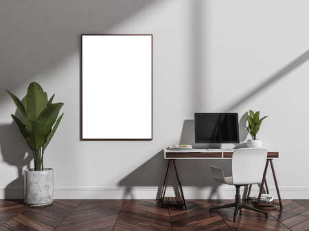 White workspace with modern personal desk, office chair, dark parquet floor, indoor plant and empty...