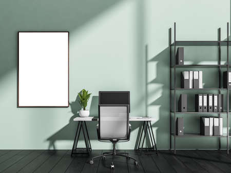 Empty vertical canvas in light green manager office interior with modern personal desk, shelving...