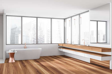 Corner view on bright bathroom interior with two sink, bathtub, oak wooden floor, panoramic window...