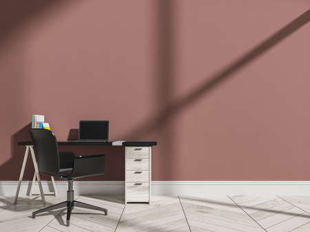 Workplace room interior with modern furniture, laptop and books on table, white parquet floor. Working space with black desk in apartment. Copy space empty brown wall, 3D renderingの写真素材