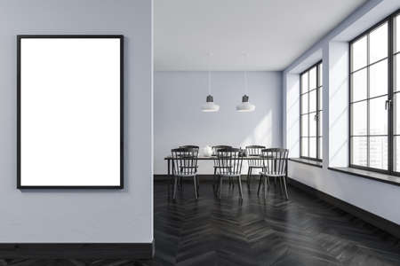Dark eating room interior with wooden chairs on parquet floor. Minimalist dining room with furniture...