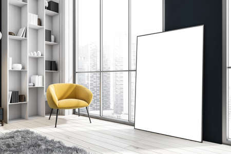 White library room interior with yellow seat and blank frame on parquet floor, bookshelf with...