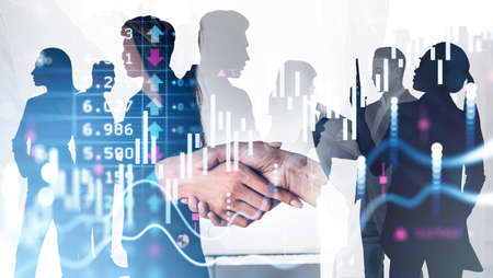 Businesswomen shake hands, closeup. Double exposure of diverse managers, stock market changes with...