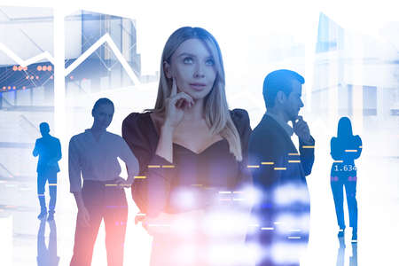 Concentrated businesswoman with hand on chin, dreaming about successful trading strategy. Concept of...
