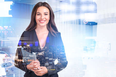 Office woman with devices in hands smiling, double exposure of night city skyscrapers in Singapore....