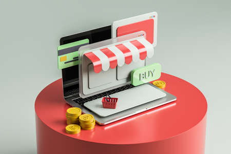 Abstract laptop with surrounding colorful details on round red podium in gray background. Concept of...
