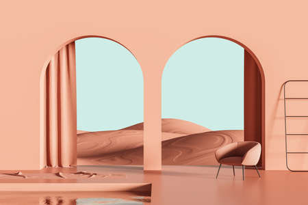Scene with single armchair, pool and sand hills behind two arched passages with curtains. Coral pink interior background for product display. Concept of abstract minimalist art. 3d renderingの写真素材
