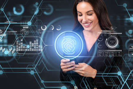 Office woman typing in phone, smiling, double exposure hud with digital icons and data service. Manager in global communication network. Concept of cyber securityの写真素材