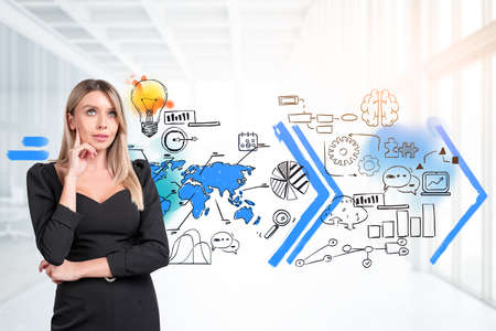 Office woman with hand to chin, pensive look. Colorful overlay business sketch plan, lightbulb and earth map, financial analysis and growth. Concept of idea and progressの写真素材