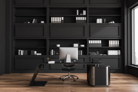 Luxury top manager office interior with original office desk, stylish black shelves and wooden floor. Concept of modern design. 3d renderingの写真素材
