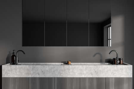 Bathroom with two sinks and large mirror with bath accessories. Modern stylish bathing room interior with two faucets, gels and soap, 3D renderingの写真素材