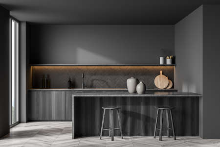 Modern kitchen design with illuminated shelf, wood materials, two stools, breakfast bar and parquet floor. Minimalist concept. 3d renderingの写真素材