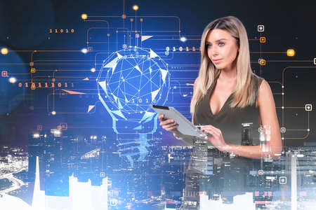 Woman with digital device, double exposure with light bulb hologram, lines and night city view. Binary coding and connection. Concept of brainstorm and technologyの写真素材