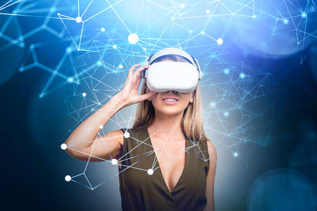 Office woman in vr headset, circuit of connection in cyberspace. Augmented reality, game and future...
