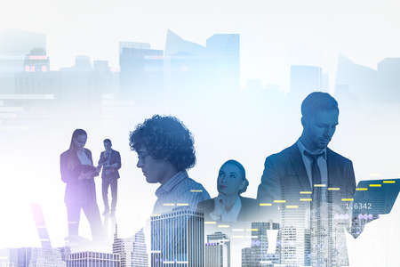 Business people working together with technology, double exposure of stock market changes and...