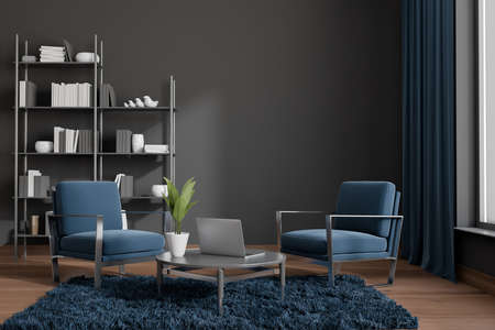 Comfy gray and blue living room with two armchairs, round coffee table, carpet, wood floor and shelving next to empty wall. Domestic design. Mock up. Concept of seating area. 3d renderingの写真素材