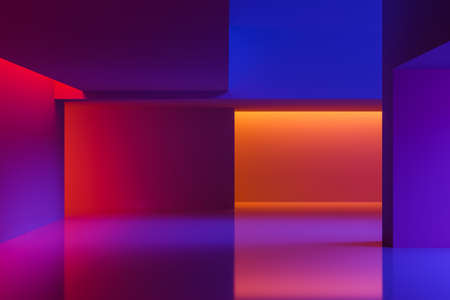Colorful illumination in indoor spaces. Modern night club and dance hall interior or creative scenery. Concept of abstract design for product display. 3d renderingの写真素材