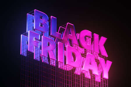 Black friday promotion pink neon banner on metal construction. Concept of advertisement of discount and special offers for some goods for coming holiday. 3d renderingの写真素材