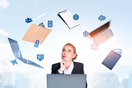 Office woman in suit, pensive look with laptop, city view on background, overlay. Clipboard, notes...