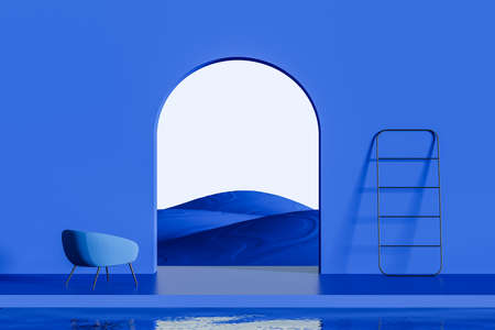 Abstract minimalist blue interior with pool, armchair, modern rack, arched passage and sand hills....