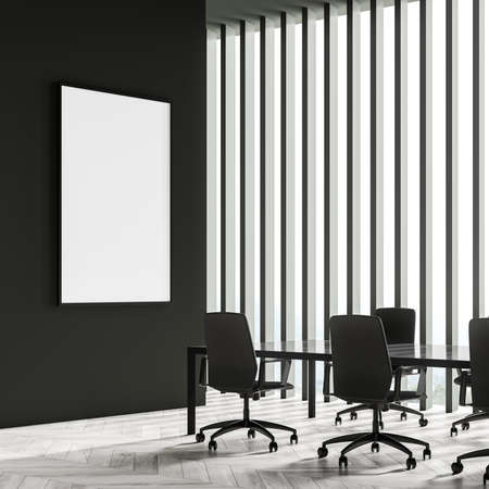 Canvas in black and white meeting room interior with decorative window security bars, parquet floor and table with office chairs. Concept of modern office design. Mock up. Corner view. 3d renderingの写真素材