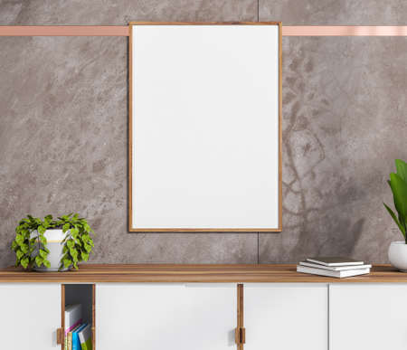 Beige tiled living room wall with empty wood frame canvas over white sideboard. Concept of modern...