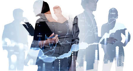 Office people silhouettes, woman with business documents and pen. Stock market graph changes, double...