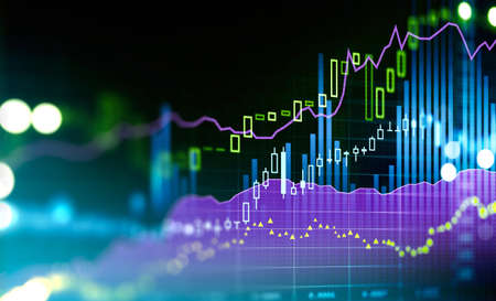 Financial chart and rising graph with lines and numbers and bar diagrams that illustrate stock market behavior. Concept of successful trading. Dark blue background. 3d renderingの写真素材