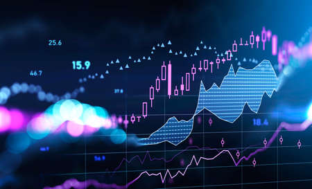 Stock market changes, business candlesticks graphs and violet candlesticks with numbers. Blue chart...