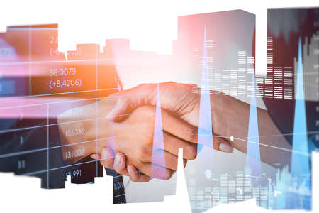 Businesswomen shake hands, closeup. Double exposure of chart with numbers and blue lines, toned...
