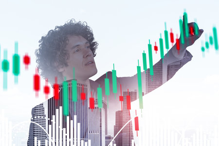 Office man finger point at rising candlesticks, stock market dynamics, New York city and bar chart...