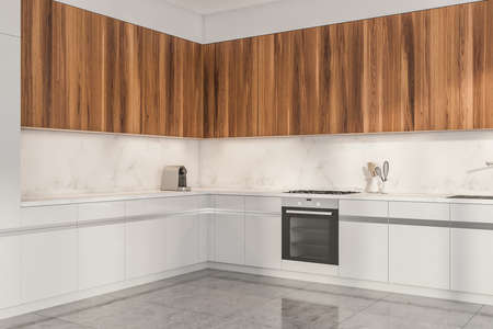 Corner wooden white cooking interior with table, sink and oven, side view, kitchenware and...