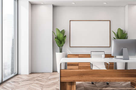 White office boss room interior with table and pc computer, wooden drawer with plants, armchair on...
