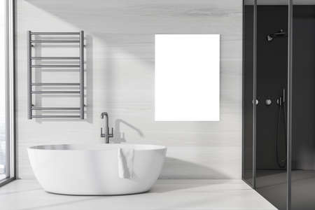 Dark bathroom interior with empty white poster, bathtub, shower, concrete floor, panoramic window...