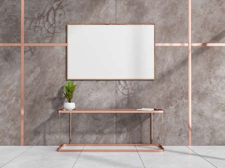 Horizontal canvas over frame sideboard unit in elegant beige and white living room interior with...