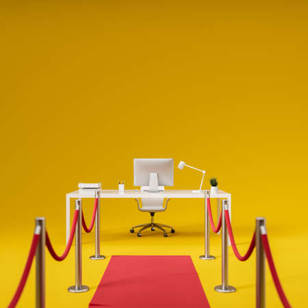 Back to office. Red road to the desk with desktop and armchair. Yellow background. Concept of...