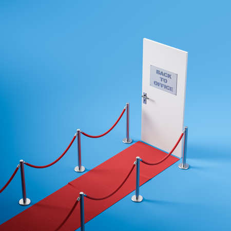 Back to office sign on the white door with red road. Blue background. Concept of returning to the work after vacation or distance job. 3d renderingの写真素材
