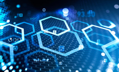 Blockchain hologram with glowing blocks and multiple digital icons, bokeh lights. Concept of...