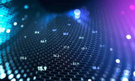 Cryptocurrency hologram with cells and chains, numbers, blue and violet background with bokeh lights. Concept of e-business, finance. 3D renderingの写真素材