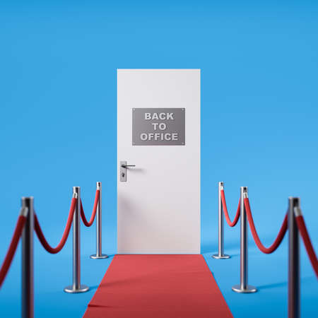 Back to office sign on the white door with red road. Blue background. Concept of returning to the...