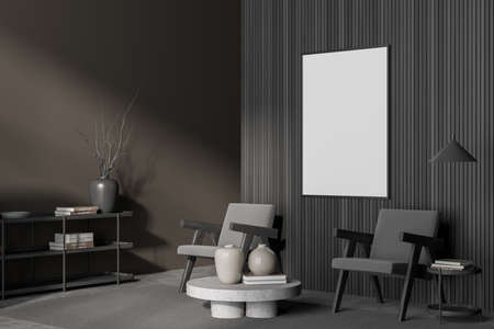 Wall mockup in gray and brown living room interior with wall paneling, scandinavian details,...