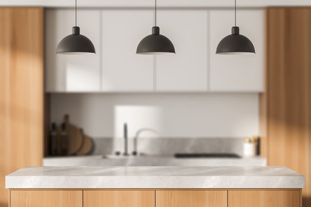 Concrete desk on foreground, blurred wooden cooking room interior with kitchenware. Mockup for display of product, 3D renderingの写真素材