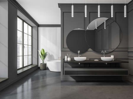 Bathroom with creative shelf vanity area and oval ceramic bathtub on white wood background. Interior...